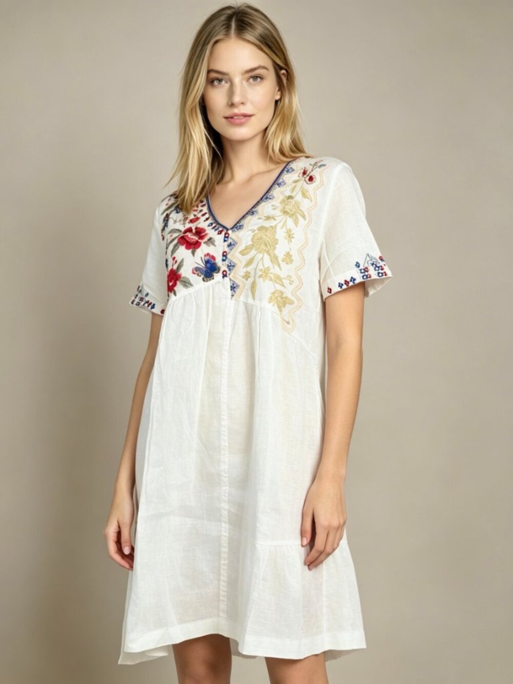 NWOT Johnny Was Linen Embroidery Flowers Floral White V-Neck Midi Dress Size S